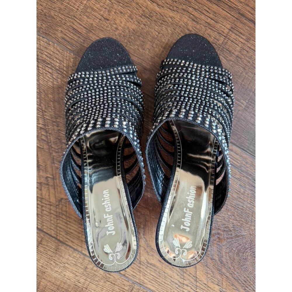JohnFashion Black Rhinestone Strappy Wedge Sandals Size 7.5